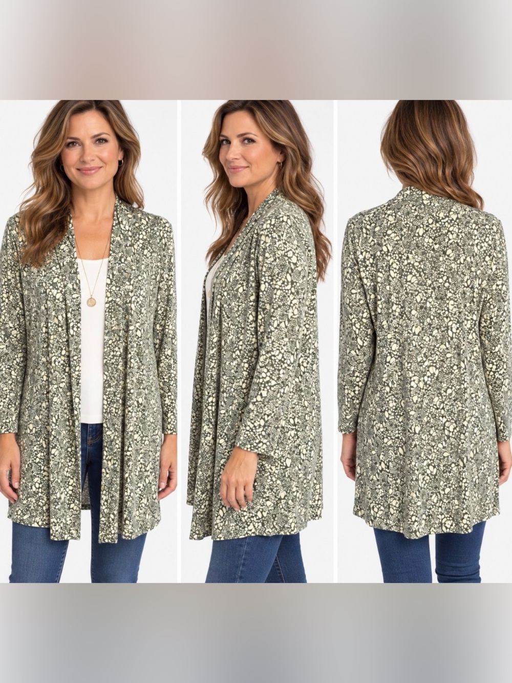 Lands End Cardigan Pockets Womens Large 14-16 Green Floral Lightweight LS Open